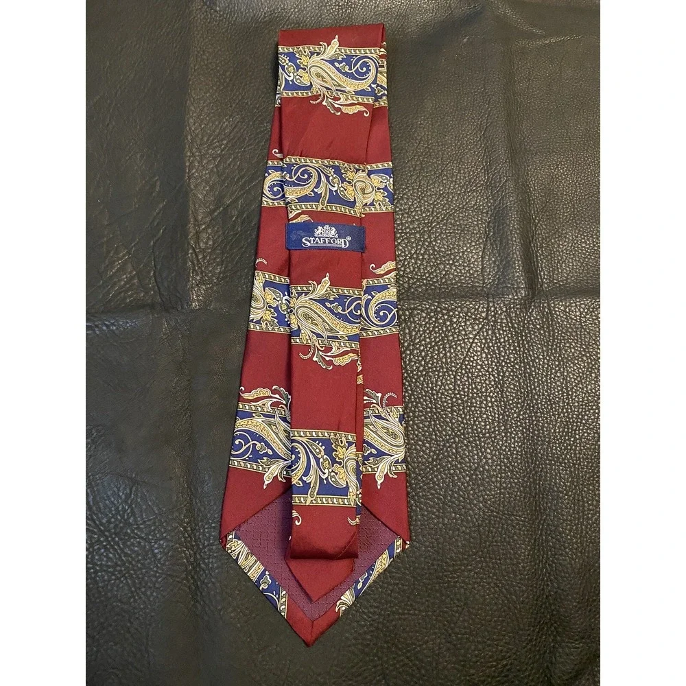 Mens Stanford Geometric Maroon Tan Blue Neck Silk Tie 56